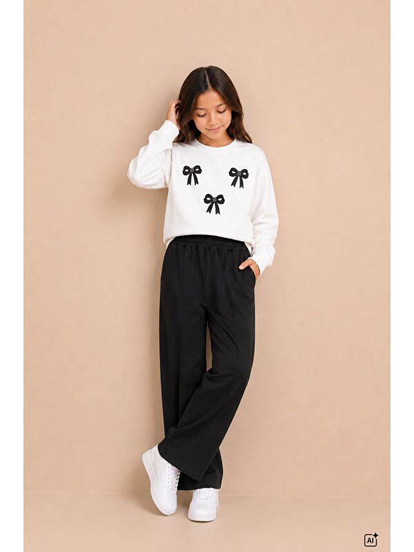 Cansın Mini Siyah Kız Çocuk Fiyonk Desenli Sweatshirt Geniş Paça Eşofman Takımı 24823