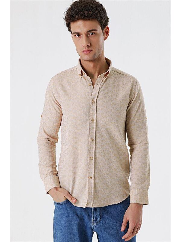 İMZA Bej Kısalabilir Kollu Desenli  %100 Pamuk Casual Slim Fit Gömlek 1004230181