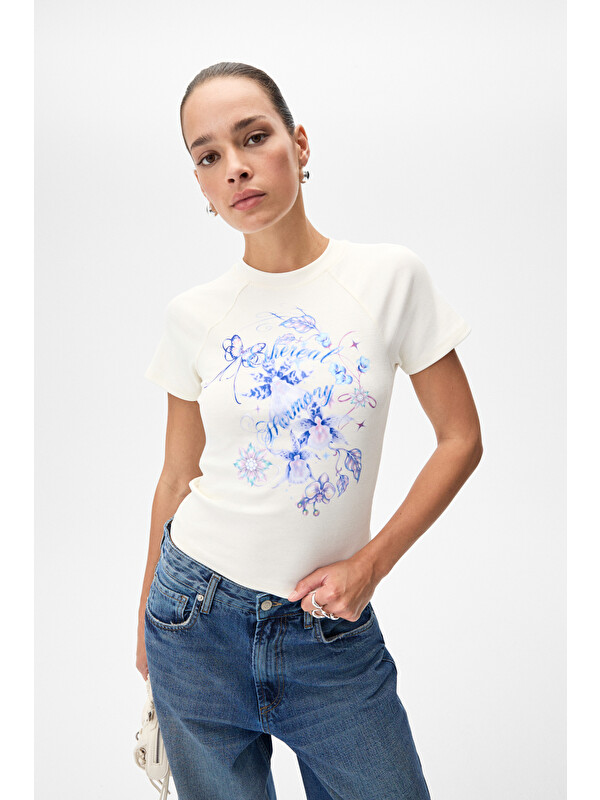 GRIMELANGE WIMS KADIN Baskılı Kısa Kollu EKRU T-Shirt