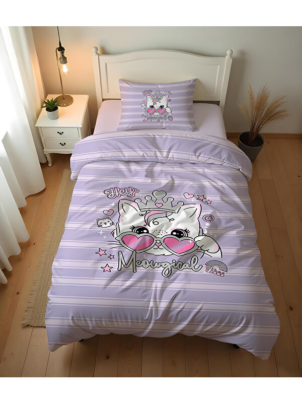 Evmila Kedi Desenli Çarşafsız 2'li Takım Baskılı Tek Kişilik Nevresim Takımı 160x220 cm