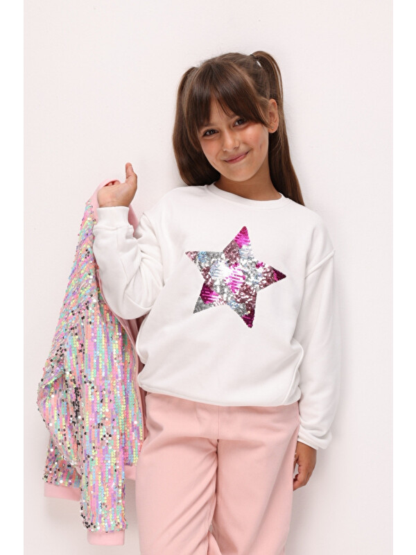 Le Mabelle Ekru  Pullu Yıldız Nakışlı Kız Çocuk Sweatshirt - Dina