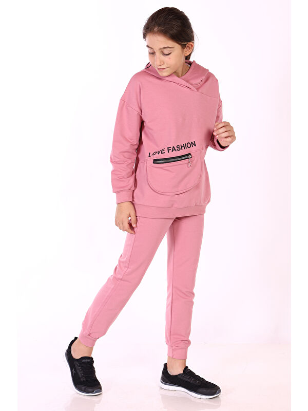 Toontoykids Kız Çocuk 2'li Takım Baskılı Kapüşonlu Torba Cepli Asimetrik Sweatshirt & Beli Paçası Lastikli Cepli