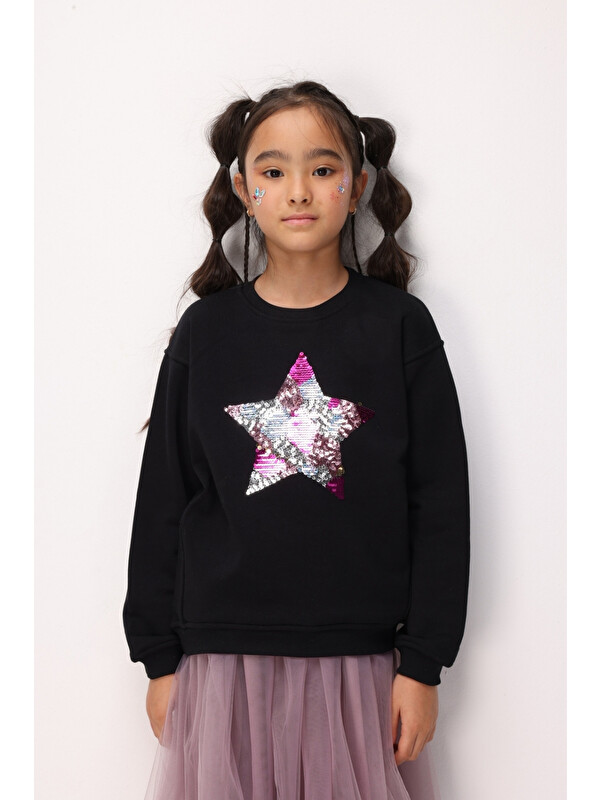 Le Mabelle Siyah  Pullu Yıldız Nakışlı Kız Çocuk Sweatshirt - Dina