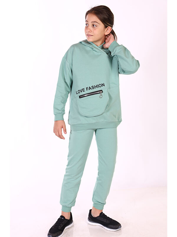 Toontoykids Kız Çocuk 2'li Takım Baskılı Kapüşonlu Torba Cepli Asimetrik Sweatshirt & Beli Paçası Lastikli Cepli