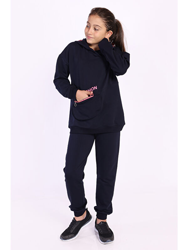 Toontoykids Kız Çocuk 2'li Takım Baskılı Kapüşonlu Torba Cepli Asimetrik Sweatshirt & Beli Paçası Lastikli Cepli