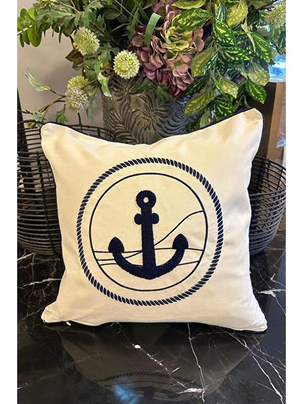 Çeyiz Diyarı Denizci Lüx Nakışlı Keten Kırlent Kılıfı 45x45 cm