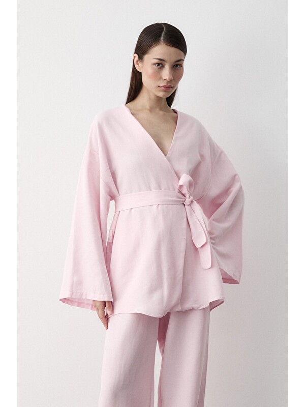 Laluvia Pembe Düğme Detaylı Kemerli Kimono - 005
