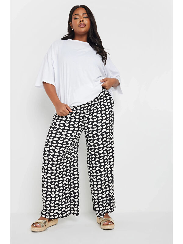 Stil Diva Büyük Beden Beli Lastikli Bol Paça Kalp Desenli Cepli Pantolon 303492