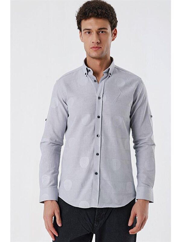 İMZA Açık Gri Kısalabilir Kollu Desenli  %100 Pamuk Casual Slim Fit Gömlek 1004230183