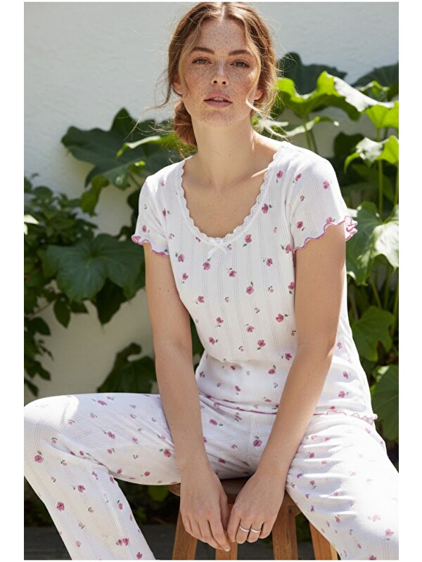 Siyah İnci Pamuklu Pointel Ajurlu/Delikli Kısa KolluÖrme Pijama Takım 26120641