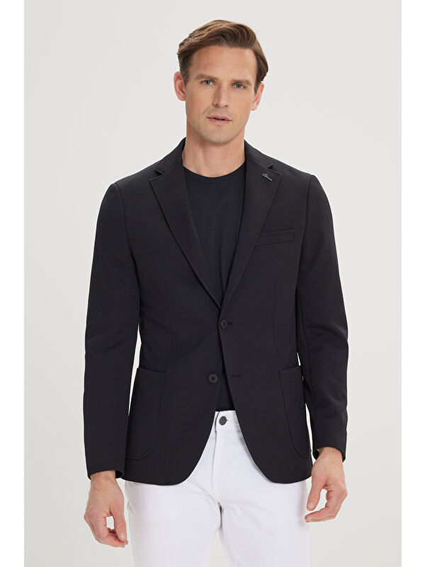 AC&Co / Altınyıldız Classics Erkek Siyah Slim Fit Dar Kesim Mono Yaka Casual Ceket