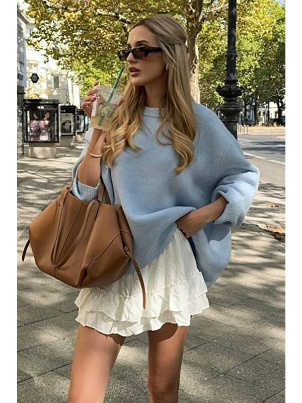 Madmext Bebe Mavisi Bisiklet Yaka Oversize Triko Kazak Mg1972