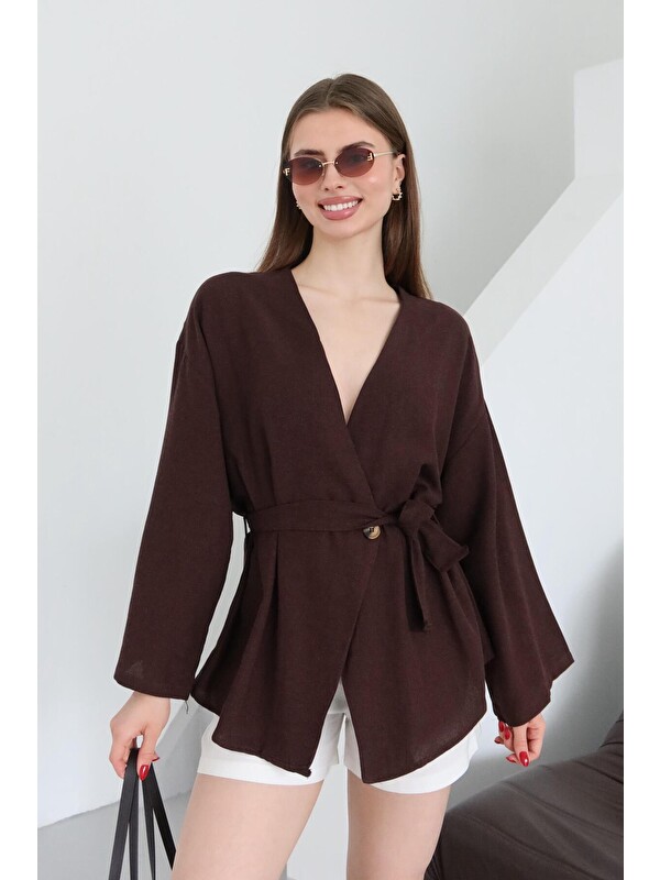 Laluvia Kahverengi Düğme Detaylı Kemerli Kimono - 005