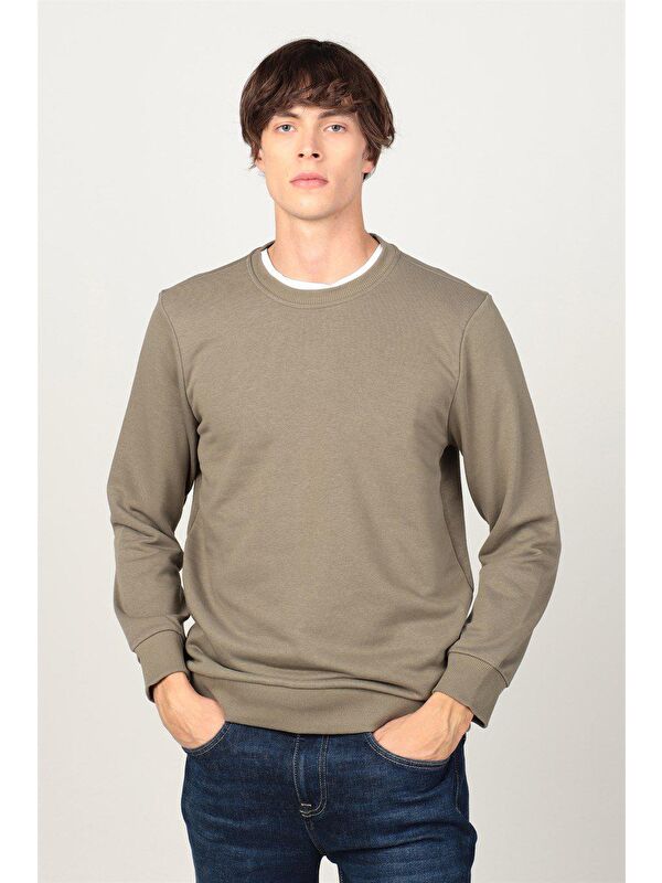 TUDORS Unisex Relax Fit Rahat Kesim Pamuklu Yumuşak Dokulu İçi Polarlı Basic Yeşil Bisiklet Yaka Sweatshirt