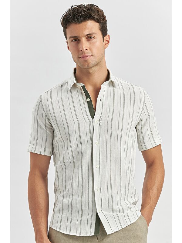 İMZA Koyu Haki Kısa Kollu Çizgili Armürlü Garnili Pamuklu Casual Slim Fit Dar Kesim Gömlek 1004240244