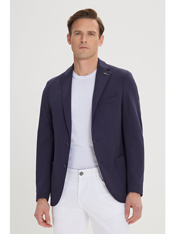 AC&Co / Altınyıldız Classics Erkek Lacivert Slim Fit Dar Kesim Mono Yaka Casual Ceket