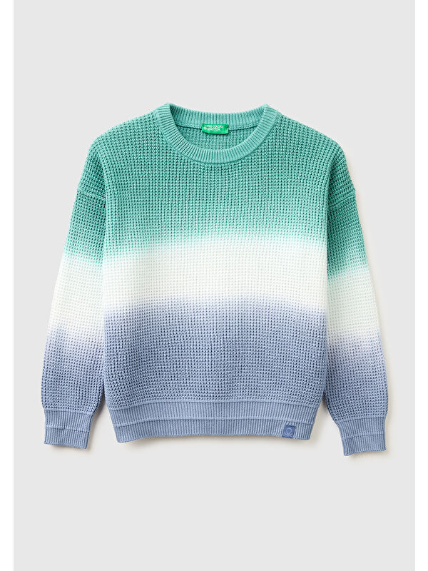 United Colors Of Benetton Erkek Çocuk Havacı Mavi Renk Geçişli Waffle Örgü Yuvarlak Yaka Kazak