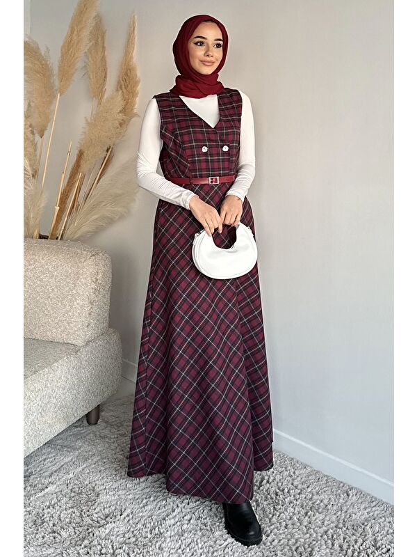 Julude Ekose Desenli Kemerli Tesettür Elbise