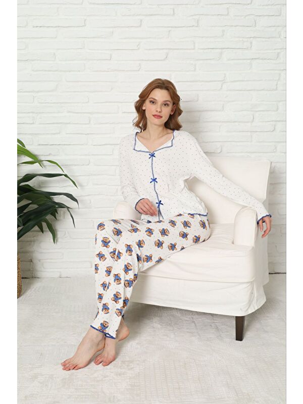 Formo Kadın Fiyonk Detaylı Yüksek Kaliteli Yumuşak Fitilli Uzun Kollu Pijama Takımı