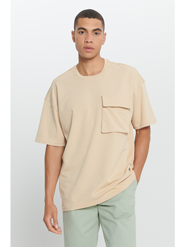 AC&Co / Altınyıldız Classics Erkek Bej Oversize Fit Bol Kesim Pamuklu Düz Bisiklet Yaka Tişört