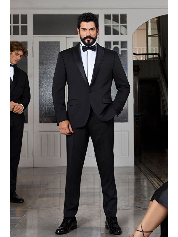 Altınyıldız Classics Erkek Siyah Ekstra Slim Fit Dar Kesim Şal Yaka Desenli Damatlık Smokin Takımı
