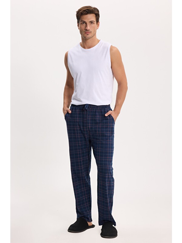 TUDORS Erkek Standart Fit Normal Kesim Pamuklu Kareli Beli Bağcıklı Cepli Lacivert Pijama Altı