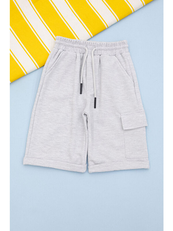 Cansın Mini Açık Gri Beli Lastikli Jogger Kumaş Tek Kargo Cepli Erkek Çocuk Şort 21173