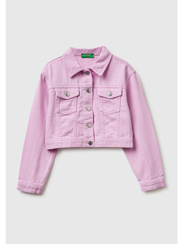 United Colors Of Benetton Kız Çocuk Lila Arkası Logo İşlemeli Kısa Renkli Denim Ceket