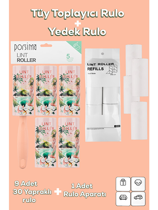 Porsima 3106 Kedi Köpek Tüy Toplayıcı Rulo + 8 Adet Yedek Rulo Somon
