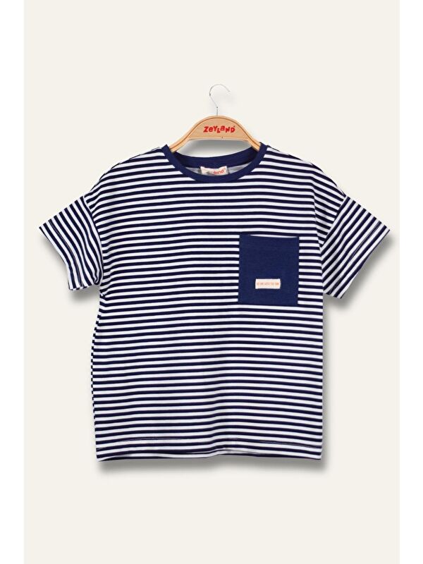 ZEYLAND Erkek Çocuk Çizgili Çepli T-Shirt - Lacivert Çizgili