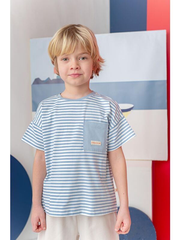 ZEYLAND Erkek Çocuk Çizgili Çepli T-Shirt - Mavi Çizgili