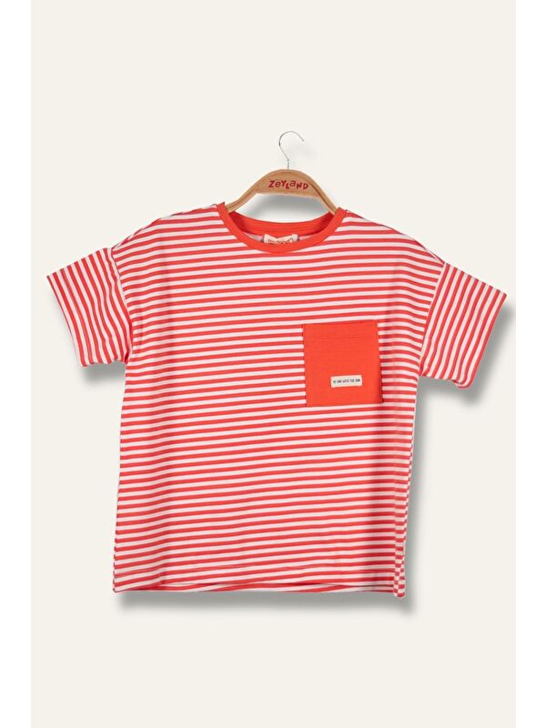 ZEYLAND Erkek Çocuk Çizgili Çepli T-Shirt - Coral Çizgili