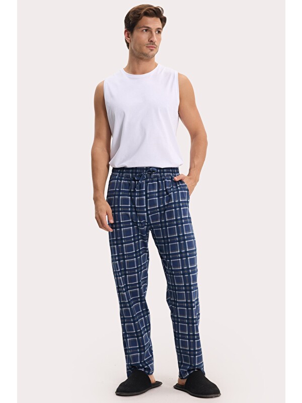 TUDORS Erkek Standart Fit Normal Kesim Pamuklu Kareli Beli Bağcıklı Cepli Lacivert Pijama Altı