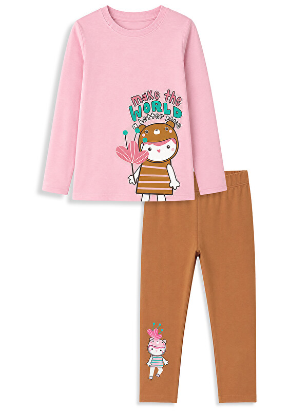Denokids Kız Çocuk Pamuklu Uzun Kollu T-shirt & Tayt Takımı – Sevimli Karakter Baskılı (2-8 Y)