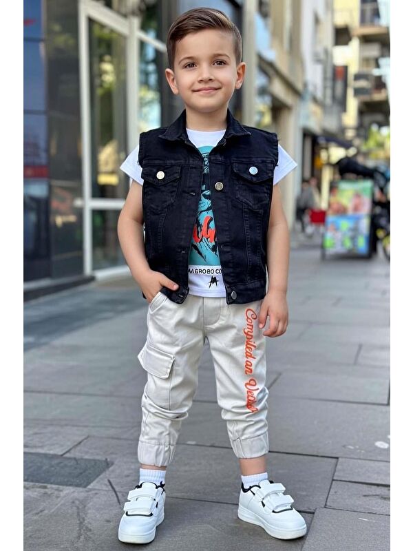 Riccotarz Erkek Çocuk Digital Kaplan Baskılı T-shirt Sırt Baskılı Sıfır Siyah Jean Ceket Alt Üst Takım