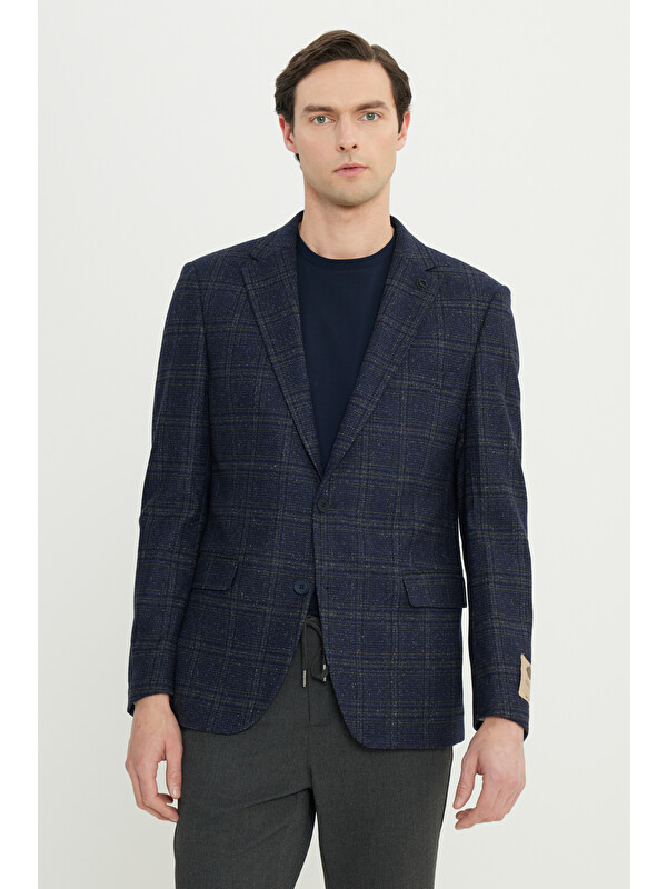 Altınyıldız Classics Erkek Lacivert-Yeşil  Dar Kesim Mono Yaka Kareli Yünlü Blazer Ceket