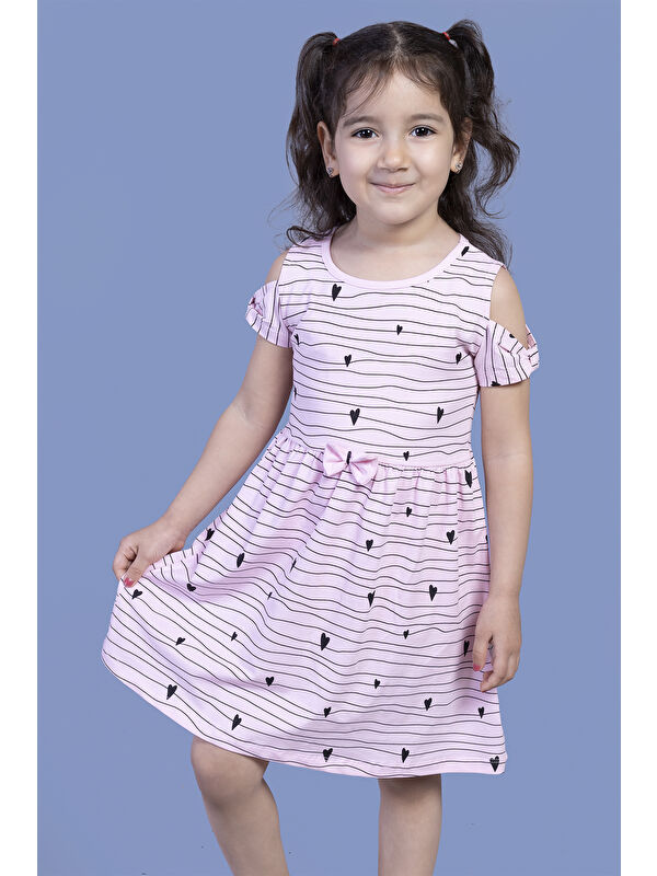 Toontoykids Kız Çocuk Kalp Desenli Kolları Detaylı Elbise
