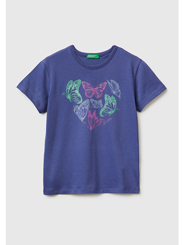 United Colors Of Benetton Kız Çocuk Koyu Lacivert Simli Grafik Baskılı Yuvarlak Yaka T-Shirt