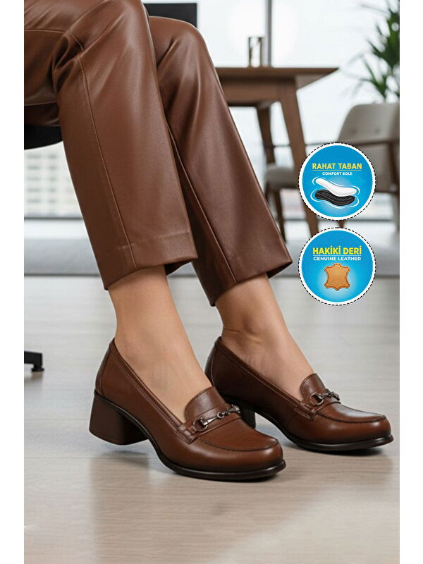 Ayakmod Kahverengi Ayakmod Premium Taba Hakiki Deri Kadın Topuklu Klasik Ayakkabı 44259 Z