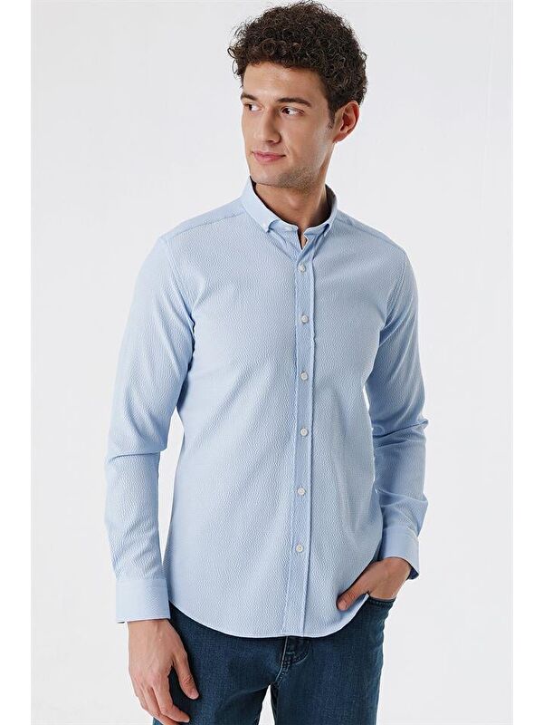 İMZA Koyu Mavi Uzun Kollu Gofreli Cepsiz Pamuklu Elastanlı Klasik Slim Fit Dar Kesim Gömlek 1004230178
