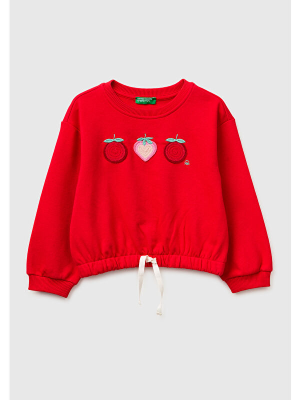 United Colors Of Benetton Kız Çocuk Kırmızı Tığ İşi Aplike Detaylı Etek Ucu Büzgülü Sweatshirt