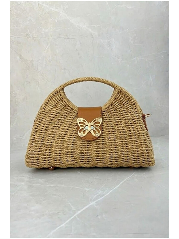 Luminos Butik Kelebek Detaylı Küçük Boy Camel Hasır Çanta 20x27 CNT1032