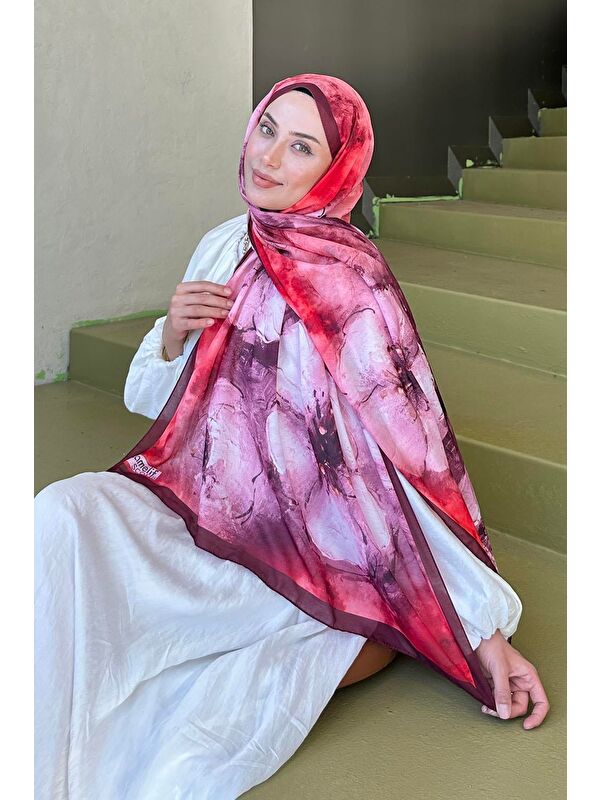 Lamelif Bohem Çiçek Desen Soft Şal Bordo