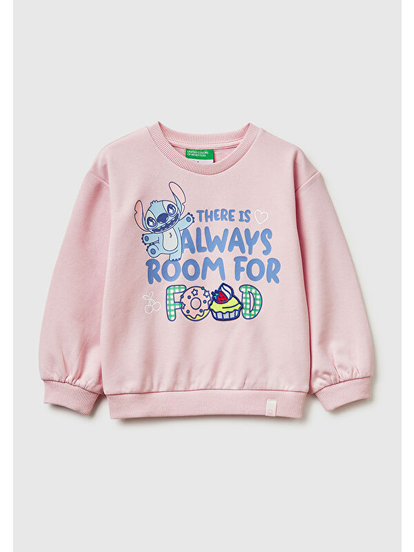 United Colors Of Benetton Kız Çocuk Toz Pembe Baskılı Yama Detaylı Yuvarlak Yaka Oversize Sweatshirt