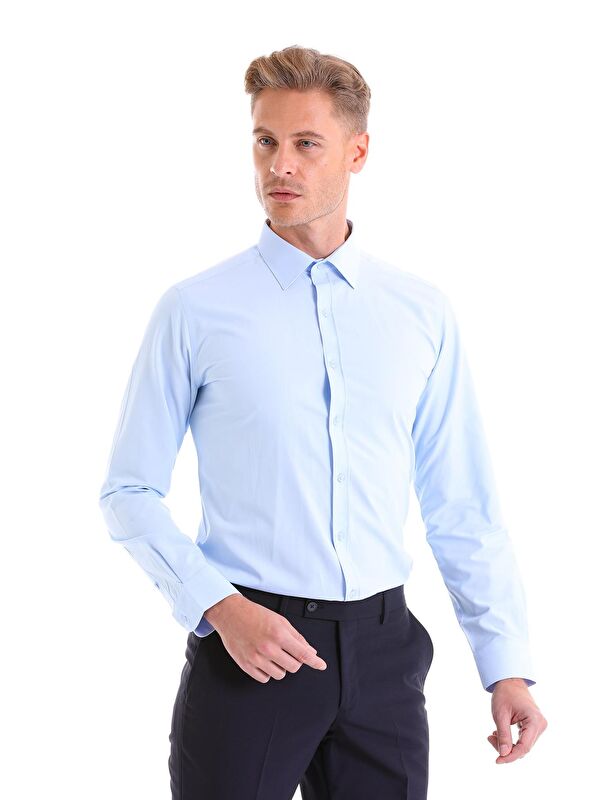 Hatemoğlu Mavi Slim Fit Düz Pamuklu Slim Yaka Uzun Kollu Klasik Gömlek