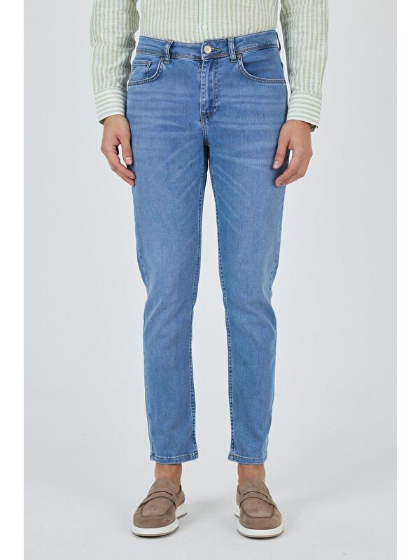 İMZA Koyu Mavi Gabardin 5 Cep Düz Paça Casual Slim Fit Pamuklu Denim Jean Pantolon 1023250156
