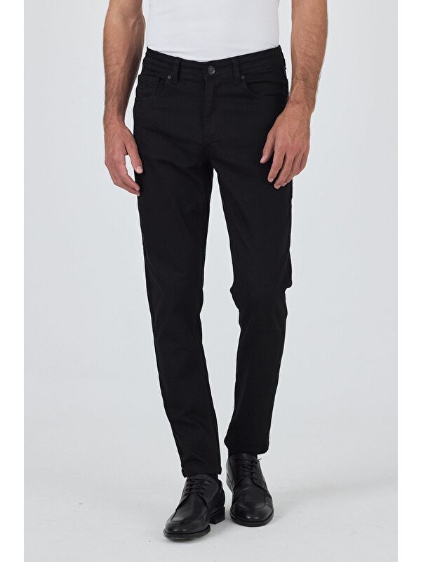 İMZA Siyah Gabardin 5 Cep Düz Paça Casual Slim Fit Pamuklu Denim Jean Pantolon