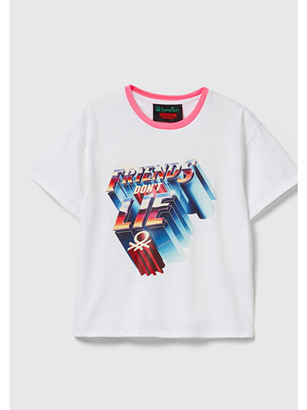 United Colors Of Benetton Kız Çocuk Beyaz %100 Pamuk Stranger Things Ön Baskılı Kısa Kollu T-Shirt