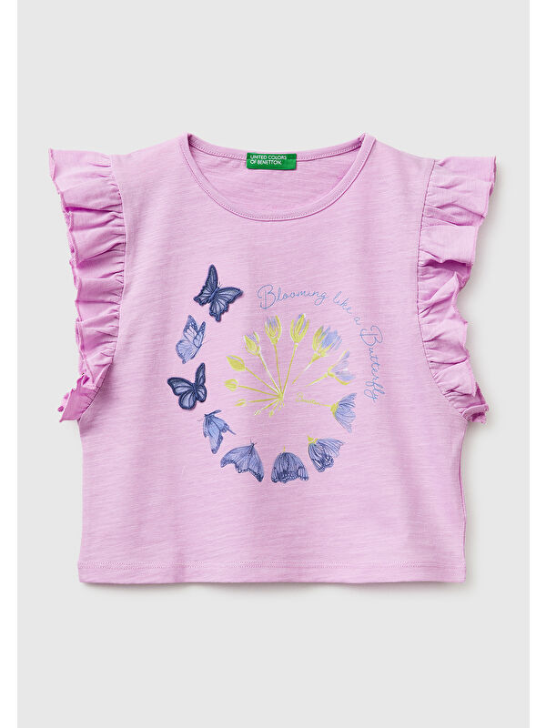 United Colors Of Benetton Kız Çocuk Pembe İşlemeli Kelebek Baskılı Kolları Fırfırlı T-Shirt