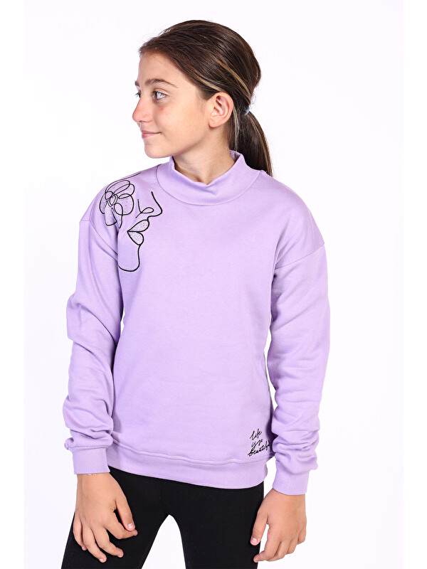 Toontoykids Kız Çocuk Nakışlı Taş İşlemeli Balıkçı Yaka Sweatshirt